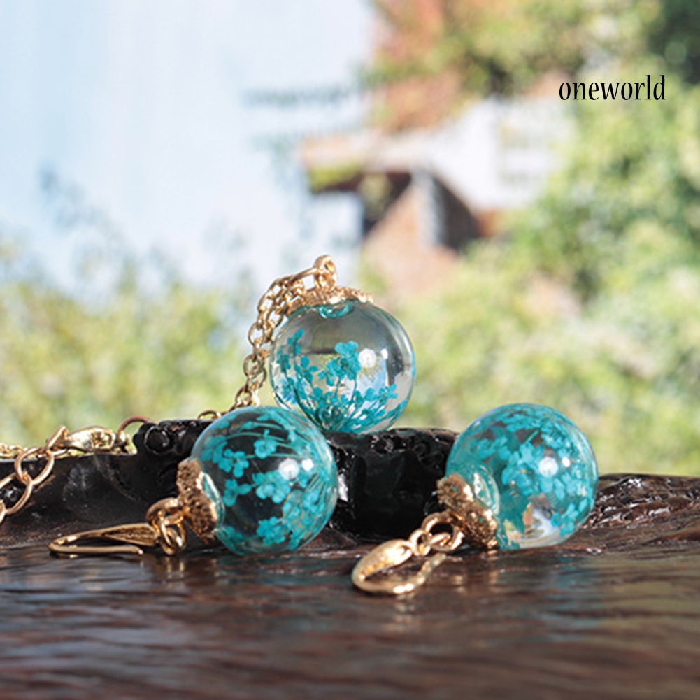 OW@ Fashion Women Dried Flower Glass Ball Pendant Necklace Hook Earrings Jewelry Set