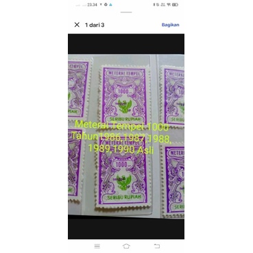 

Meterai Tempel Rp 1000 Asli Tahun Pemakaian 1986,1987,1988,1989,1990 (S135)