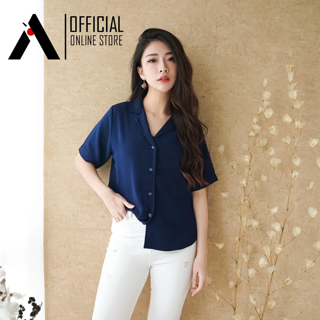 KEMEJA WANITA LENGAN PENDEK BASIC POLOS FASHION KULIAH&SANTAI TERBARU-Navy