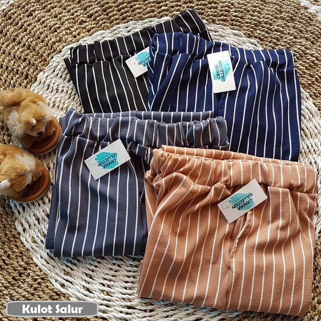 Norway Cullotes Pants / Celana Wafel Crepe / Celana Kulot Wanita / Celana Panjang-Salur Hitam