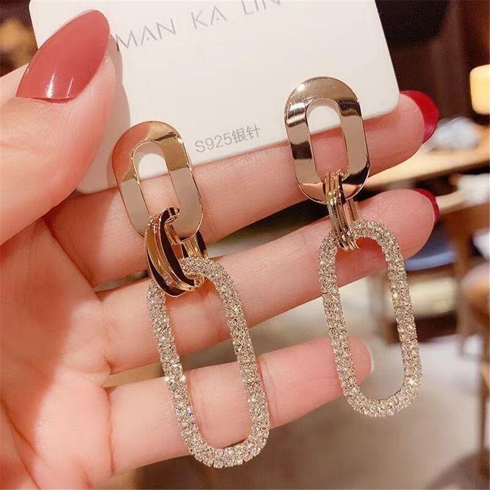 Solighter Anting Wanita Korea Emas Berlian Imitasi Stud Earrings