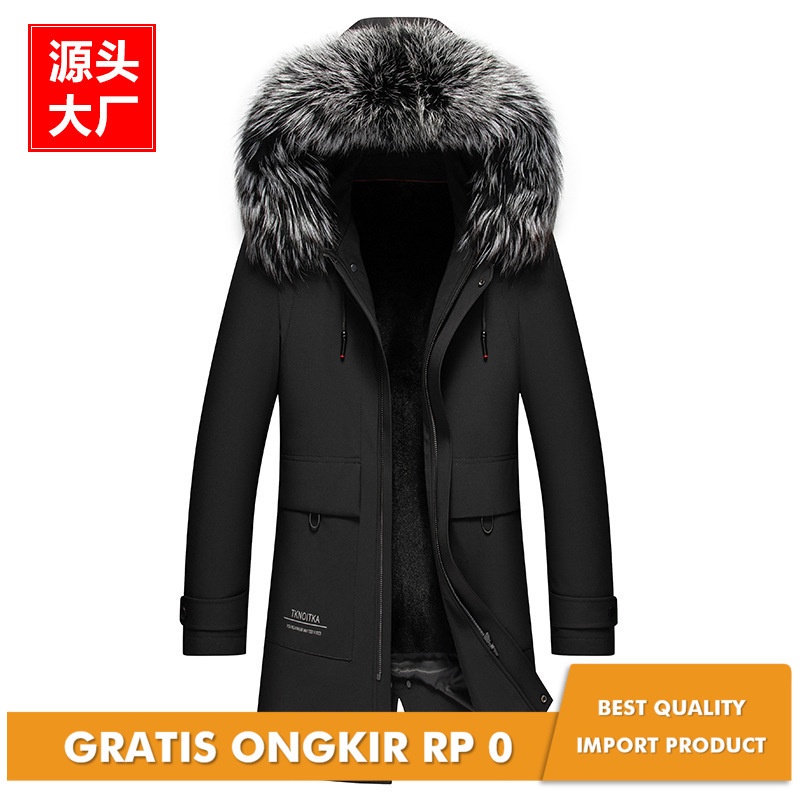 Jaket Kulit Pria Winter new men's big fox fur collar Rex Rabbit inner bladder Parka medium and long 