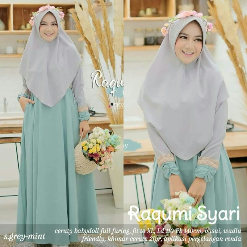 RAQUMI SYARI BY JASMINE set gamis ceruty badydoll polos 2 warna two tone