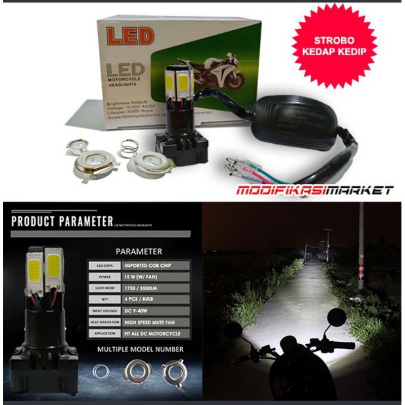 LAMPU LED MOTOR 6 TITIK 6 SISI 6 MATA HI/LO STROBO AC/DC ADAPTOR