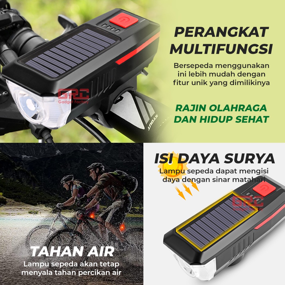 Lampu Klakson Bel Sepeda Depan Belakang USB Solar Panel Tenaga Surya