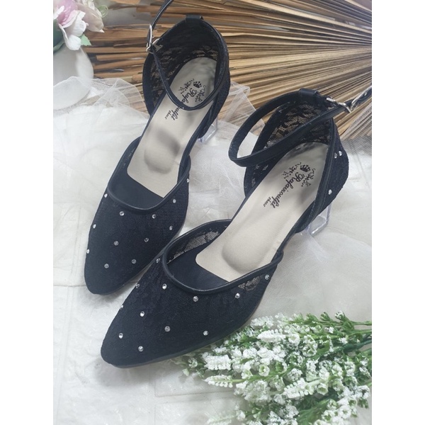 sepatu siera hitam lace brukat tali 7cm kaca