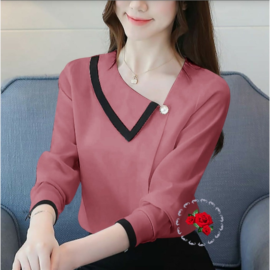 *[IJFK] Atasan Korea lengan Panjang Lis Kancing / Atasan Blouse Wanita / Blouse Murah / Blouse Mewah