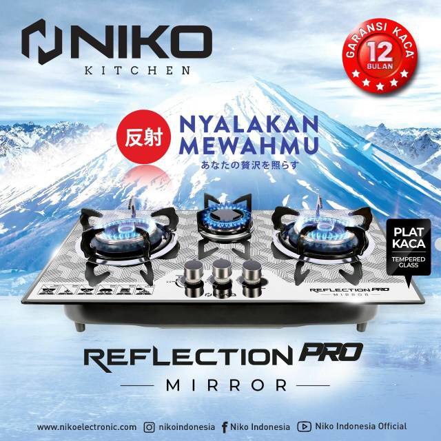 NIKO Kompor Gas 3 Tungku Tempered Glass Reflection PRO MIRROR -NEW MODEL