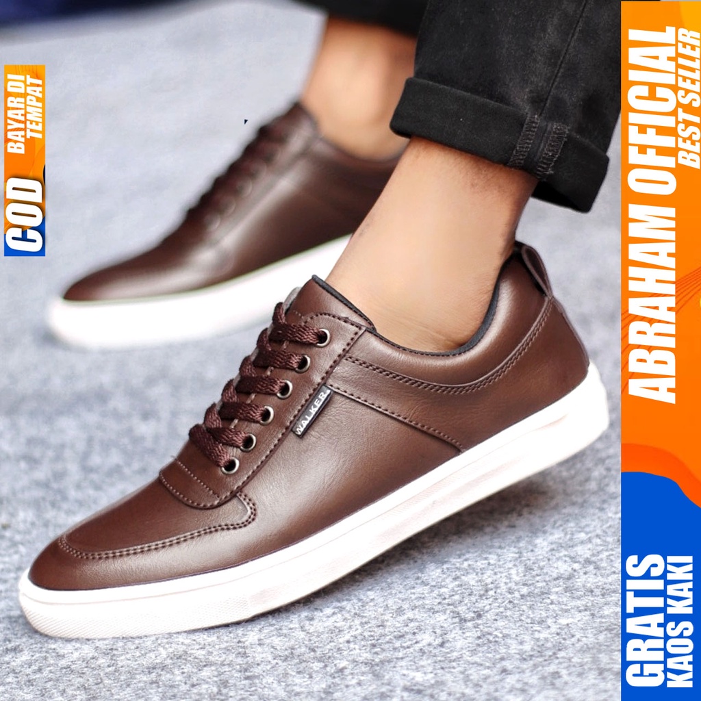 Sepatu Kasual Pria Sneakers Casual Kulit Pu Kerja Polos Hitam Coklat TIAGO ABRAHAM