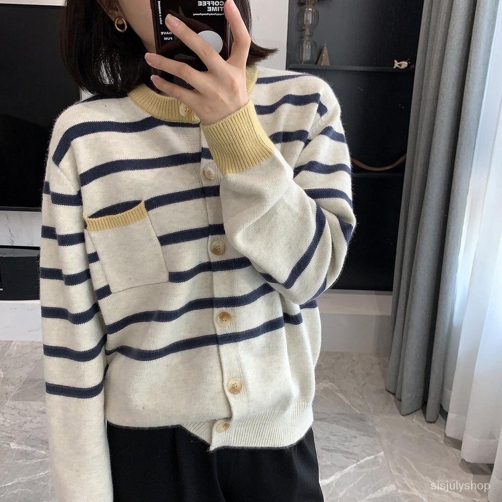 #Sisjuly# Wanita Striped Button Cardigan Longgar Preppy Lengan Panjang Jaket Sweater Rajut
