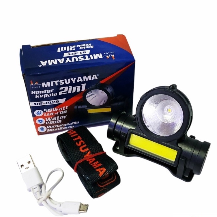 COD Senter Kepala LED Rechargeable Headlamp Mitsuyama 50W MS-1925 CAHAYA PUTIH 50 WATT