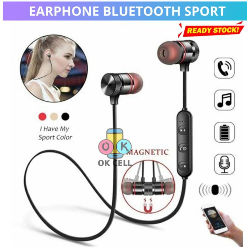 Earphone Handsfree Headset Magnetik Bluetooth Wireless Sport Full Mega Bass