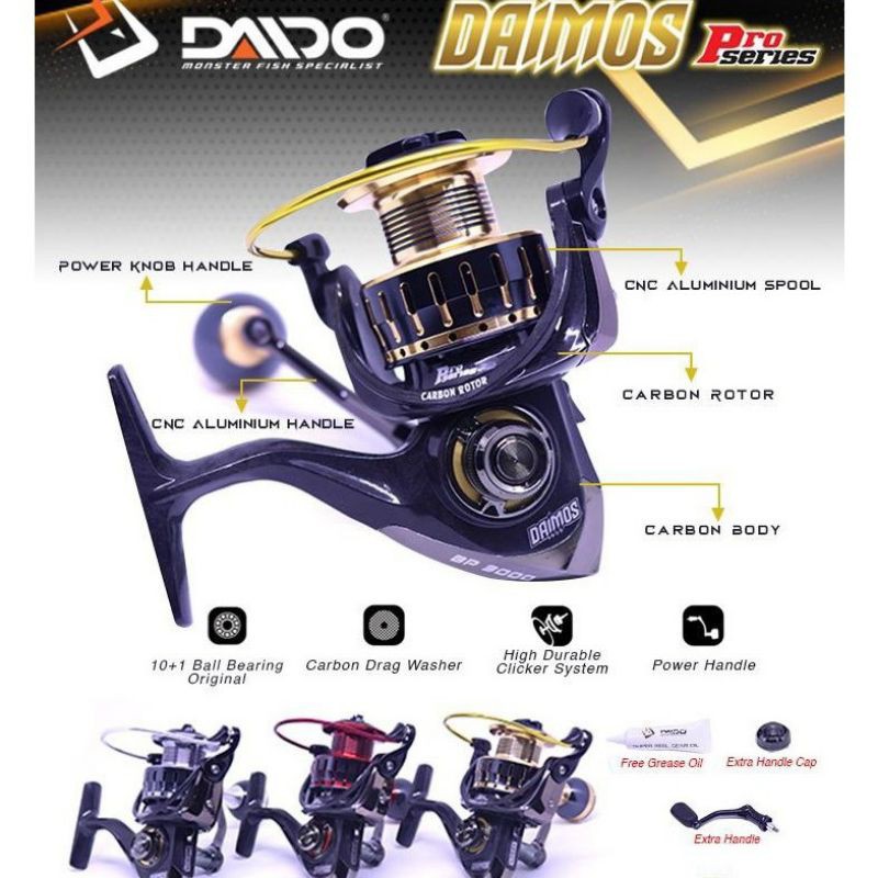 reel daido daimos pro series carbon BP 1000 2000 3000 4000 6000 free handle and grease oil