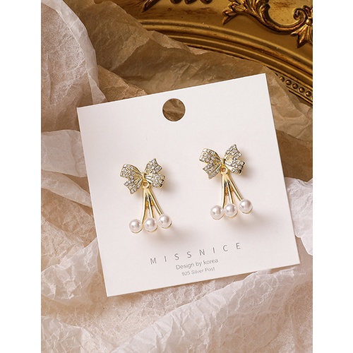 LRC Anting Tusuk Fashion Gold Color Bowknot Pearl And Diamond P33303