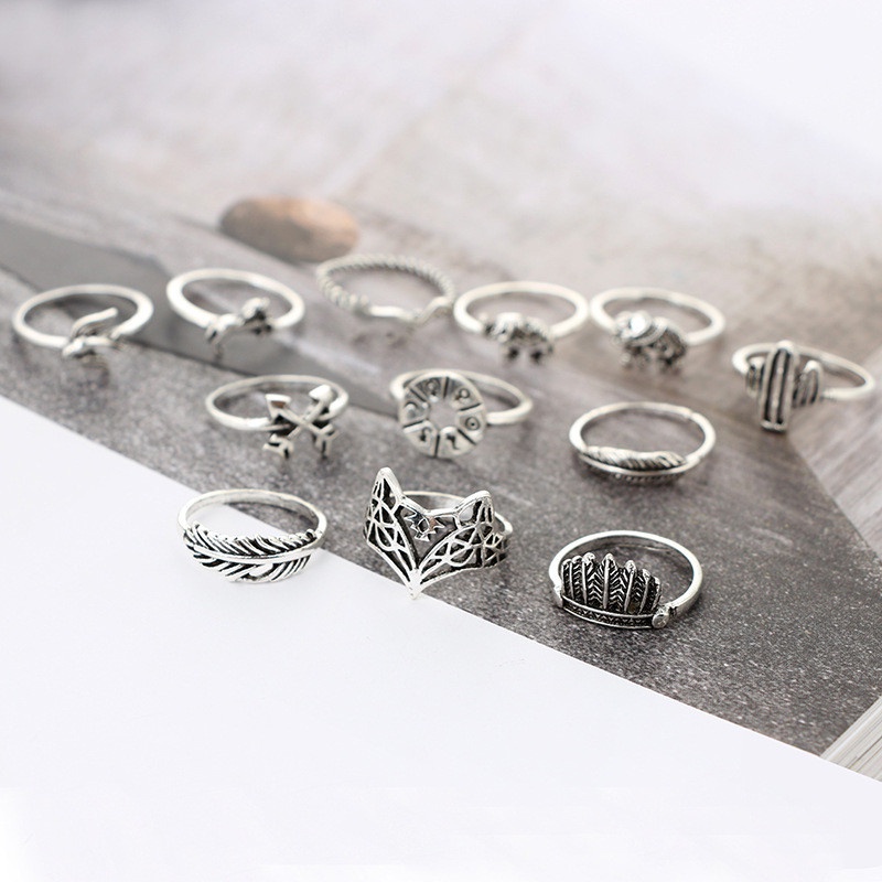 12pcs / Set Cincin Bentuk Daun Rubah Gajah Kaktus Swallow Disk Untuk Aksesoris Perhiasan Wanita