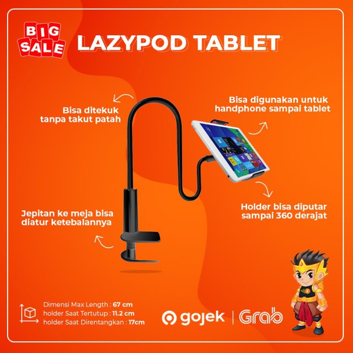 Gs8 Lazypod Stand Holder HP Tablet Universal Lebar 17cm Clip 360 Derajat Jepitan Tablet Besar 10 inch