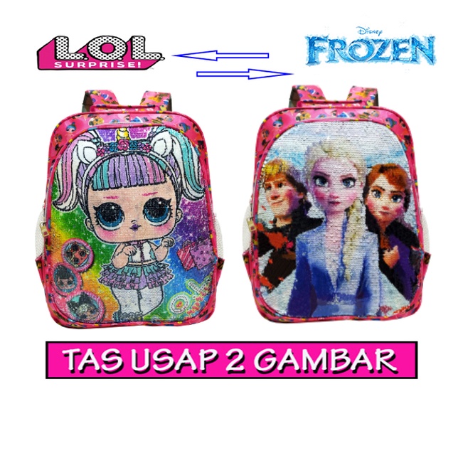 Tas ransel anak sekolah Sequin // usap 2 gambar karakter LOL UNICORN HELLO KITTY PONY FROZEN