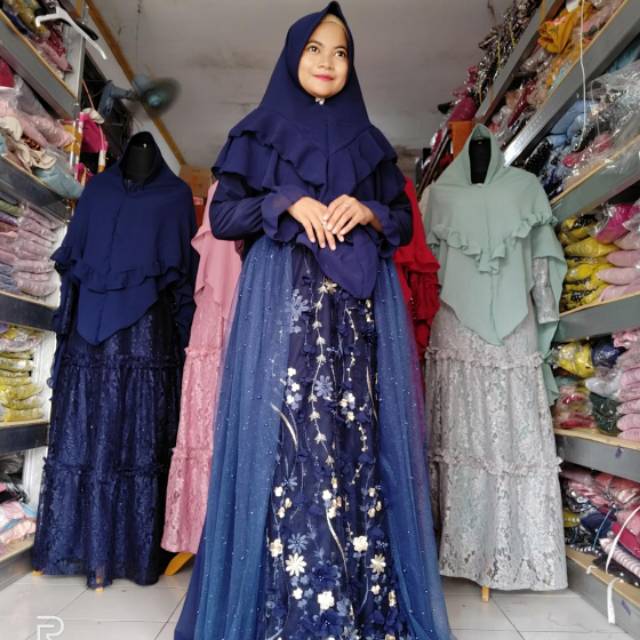 GAMIS TILE BORDIR 3D MIX TILE MUTIARA GLITTER & KHIMAR PREMIUM KUALITAS BUTIK
