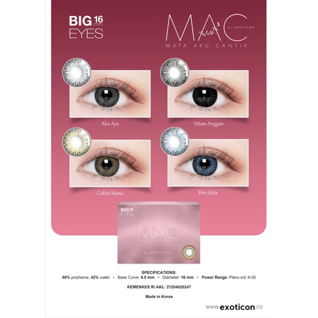 Softlens X2 MAC by Exoticon DIA 16.00mm MINUS BLACK BLUE BROWN GREY (-3.25 s/d -6.00) / Soflens/Lensa  Kontak/BS