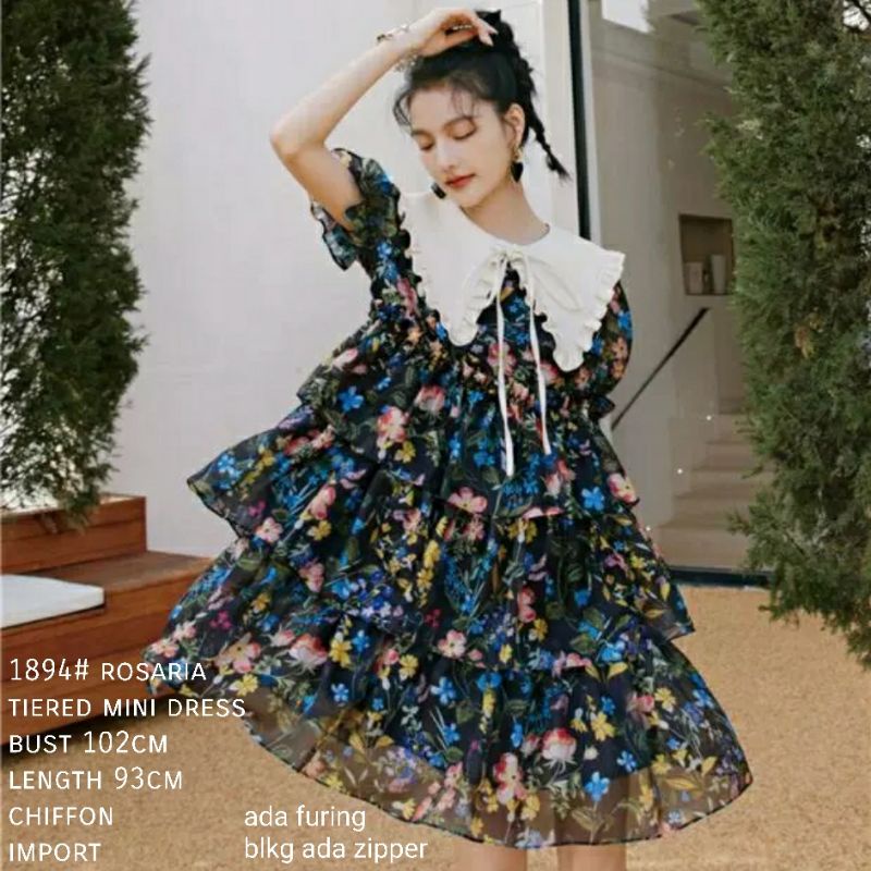 MDLV ~ 1894# Rosaria Tiered Mini Dress Layer Flower Dress Premium Korea Fashion import