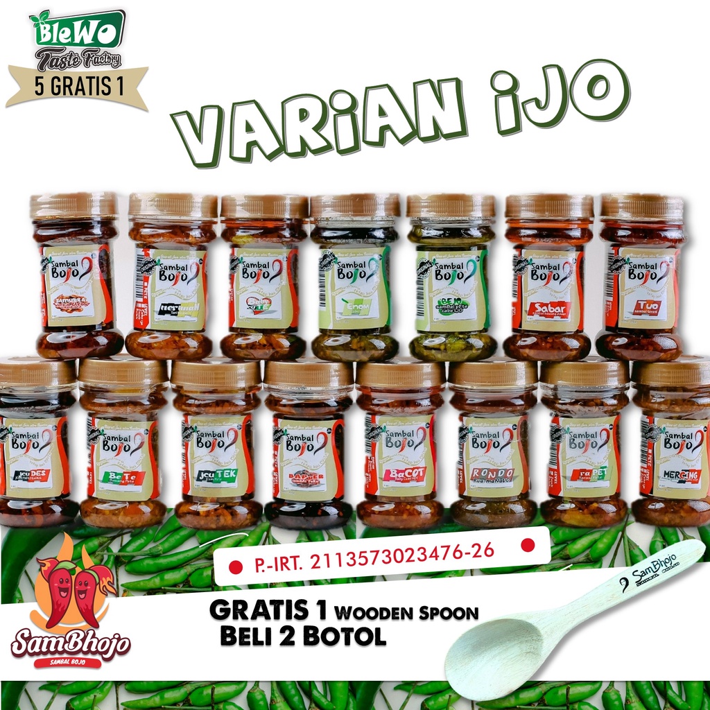 

SamBhojo - Spesial Sambal Ijo, Sambal Cumi, Sambal Paru, Sambal Teri Medan, Sambal Pete, dll kemasan Botol 120gr
