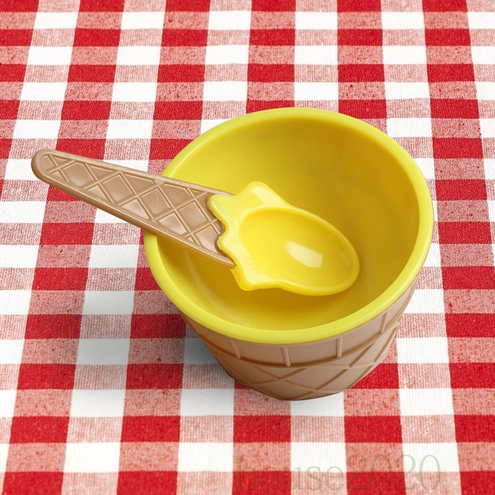 [HOUSE2020]Kids Ice Cream Cup Children Dessert Ice Cream Mixing PP Bowl with Spoon Dinnerware Tableware, Yellow