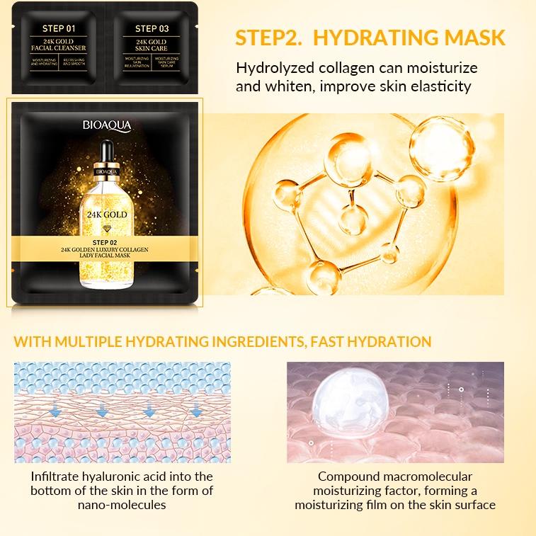 [PRODUK JRTZD] BIOAQUA 24K Gold Facial Mask set (1.5g+28g+1.5g)×5pcs contain facial wash/sheet mask/