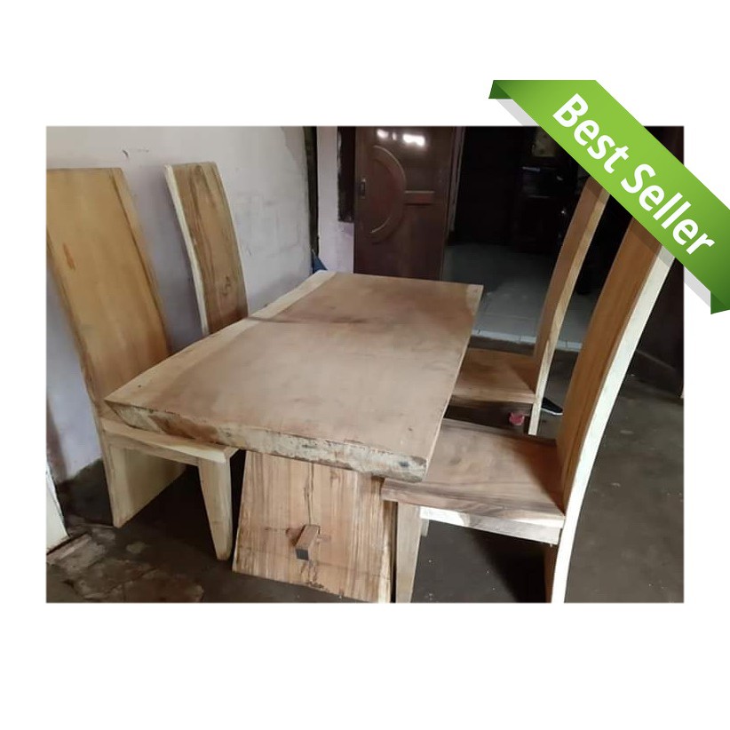 Meja Makan Kayu Trembesi Tebal 4 Kursi Unfinishing