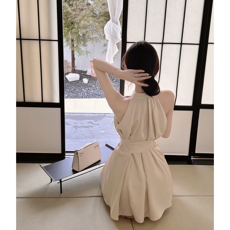Suhao satin high-end tanpa lengan gaun wanita musim panas Perancis off-the-shoulder wanita seksi tem