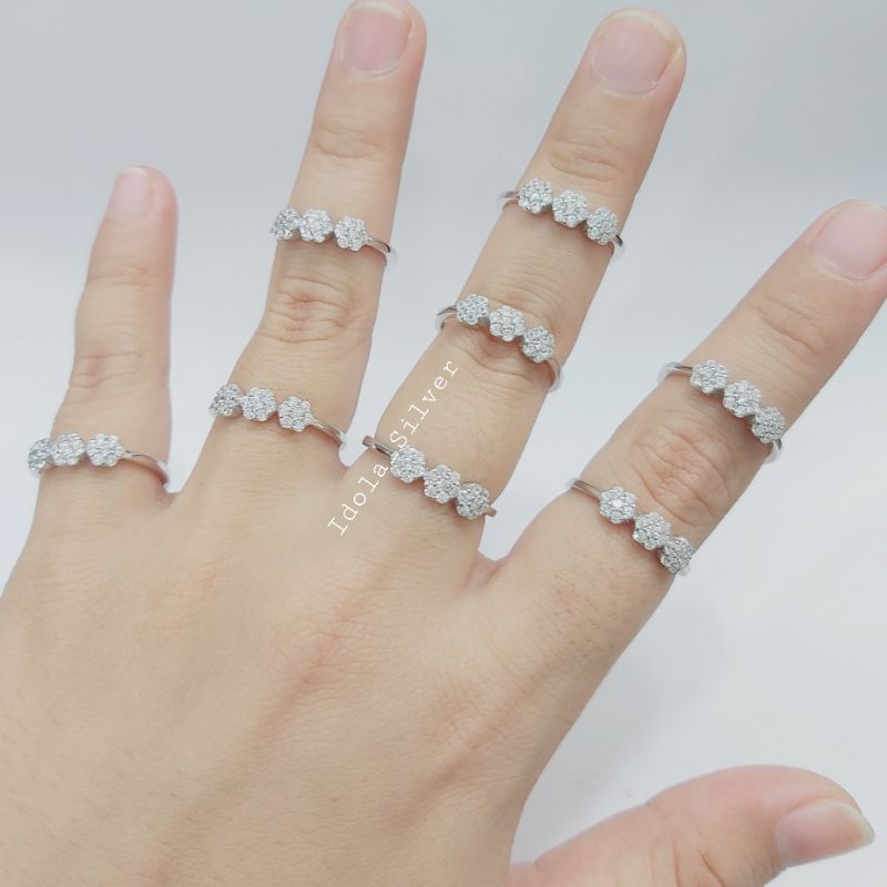 CINCIN PERAK ASLI SILVER WANITA 925 LAPIS EMAS PUTIH MODEL BUNGA 3 SUSUN PERMATA FULL - PERHIASAN PERAK WANITA ASLI