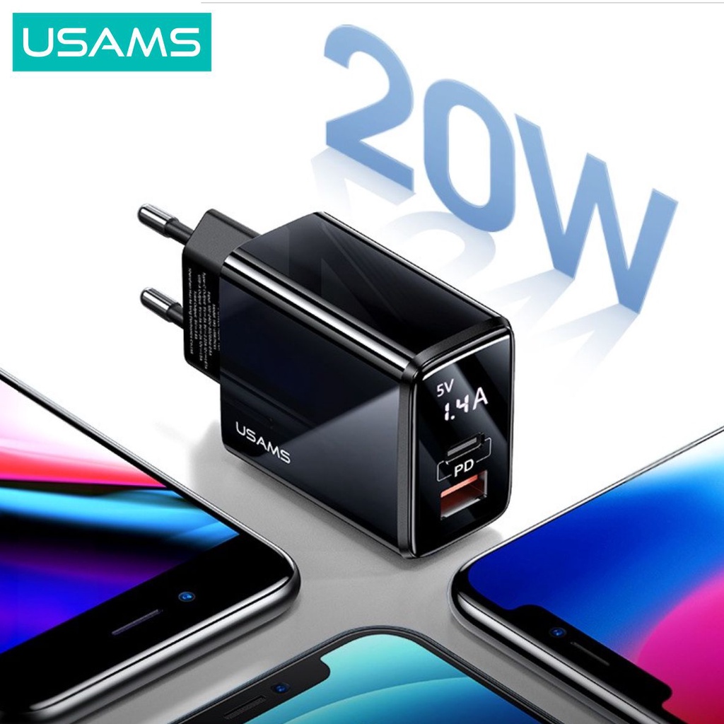 USAMS T40 Adaptor Kepala Charger Fast Charge Digital Display QC3.0 PD 20W