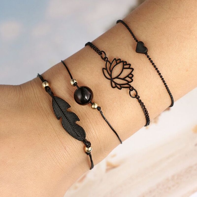 4pcs / Set Gelang Rantai Manik-Manik Bentuk Daun Teratai Hati Warna Hitam Bahan Alloy Dapat Disesuaikan Untuk Wanita