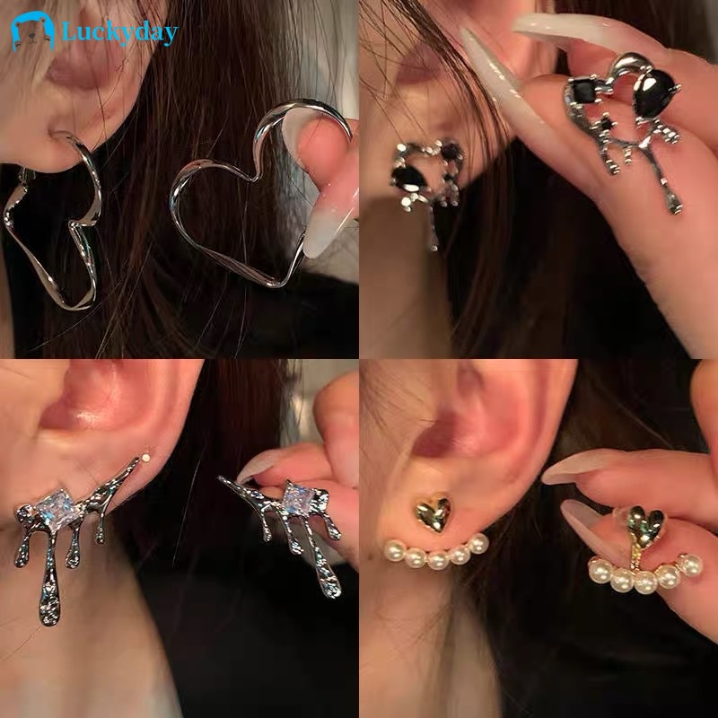 YEEZII Set Anting Stud Bentuk Hati Besar Aksen Mutiara Warna Emas Perak Gaya Retro Untuk Wanita