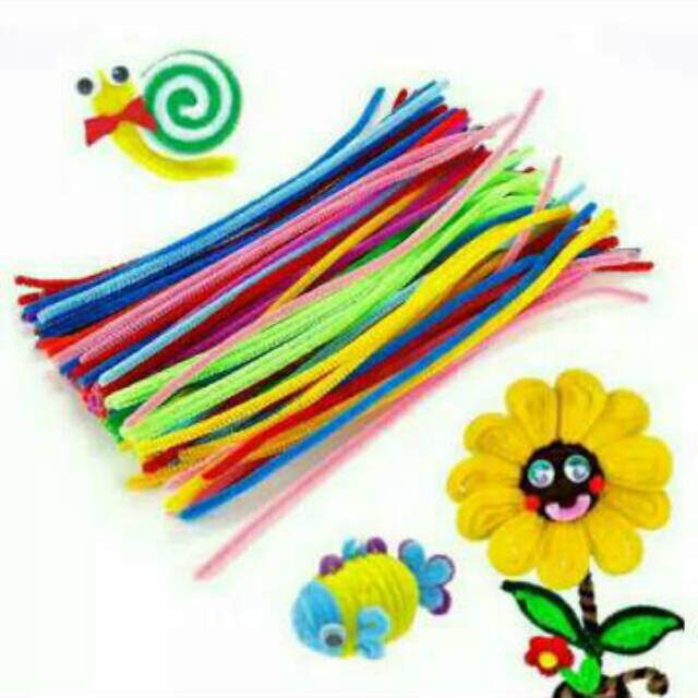 Mainan DIY Pipe Cleaner/ Kawat Bulu Pom Pom 16pcs Kreasi Anak Lucu Murah/ Bahan KTK Sekolah