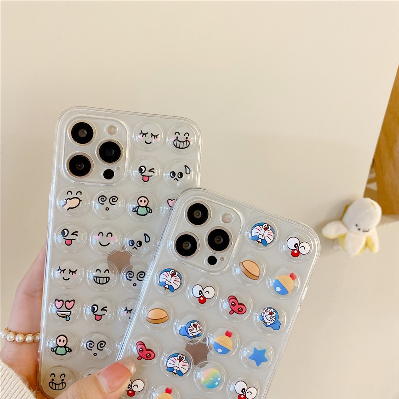 Fashion Cartoon cute Doraemon extrusion bubble Anti-fall phone case iPhone 11 12 Pro Max X XS XR 7 8 Plus SE 2020 transparent Shockproof Case