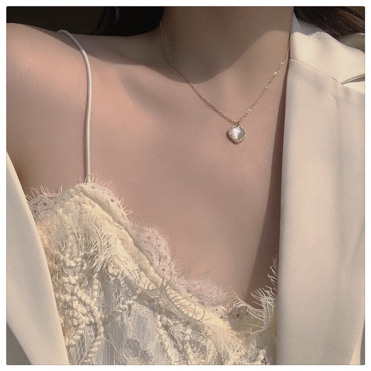 Korean Style Ins Style Fashion Temperament Opal Love Pendant Necklace Female 2021 New Clavicle Chain Choker