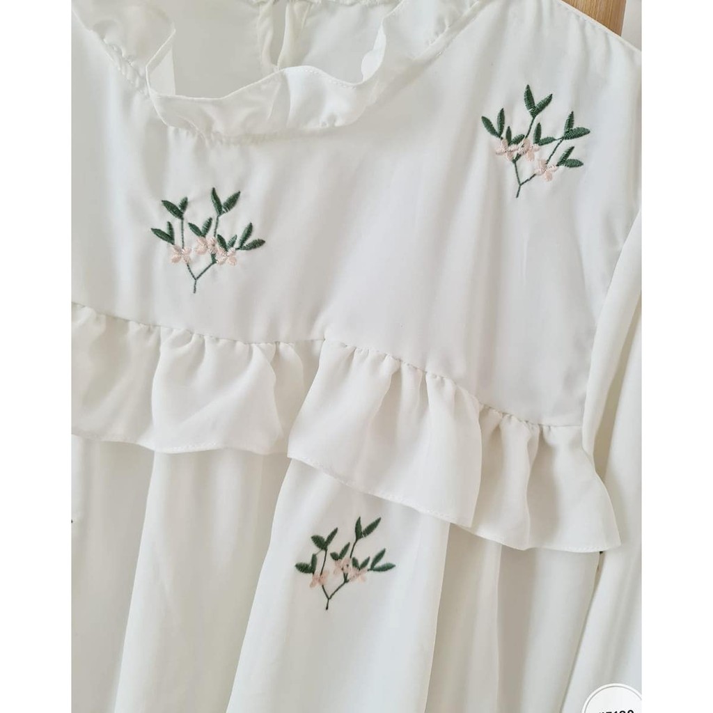 5139 Odilia Flower Ruffle Blouse Polos Motif Bunga Bordir Lengan Panjang  Atasan Polos Putih / Atasan Putih bordir bunga-4