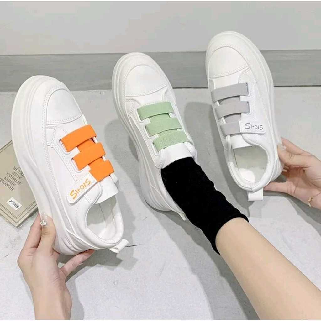 Sepatu Sneakers Kasual Putih Wanita Pria Polos Lucu/ Sepatu Kets Prepet Cewek Cowok Strap 3/ Sepatu 