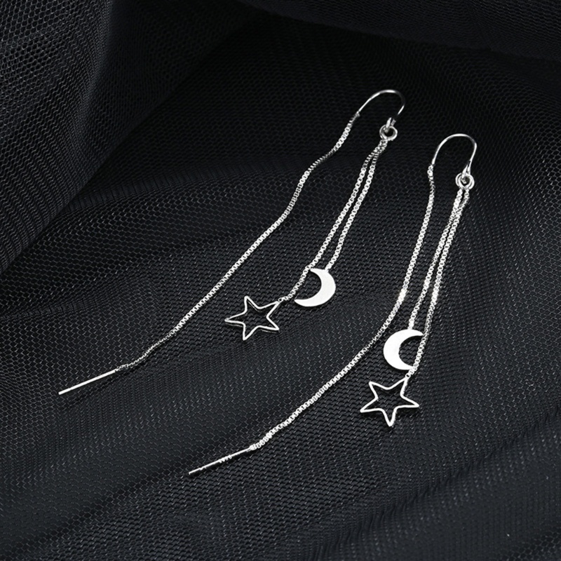 SIY  Shiny Silver Small Flat Moon Hollow Star Thread Through Earrings Threader Women