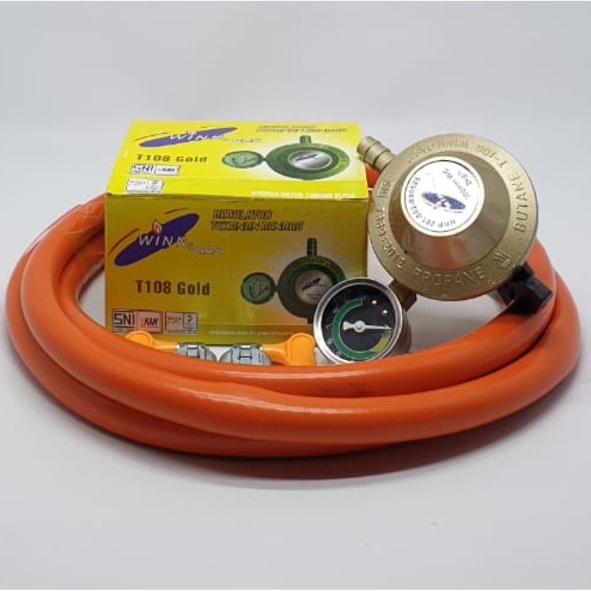 KOMPLIT Winngas T-108M METER  + Selang Orange 2M + 2 Klem Kuping / Regulator Gas + Selang Gas