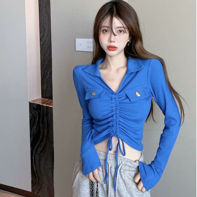 Pendek Pinggang Tinggi POLO Kerah Lengan Panjang T-shirt Serut Atasan Wanita Ramping Seksi Perut Pus