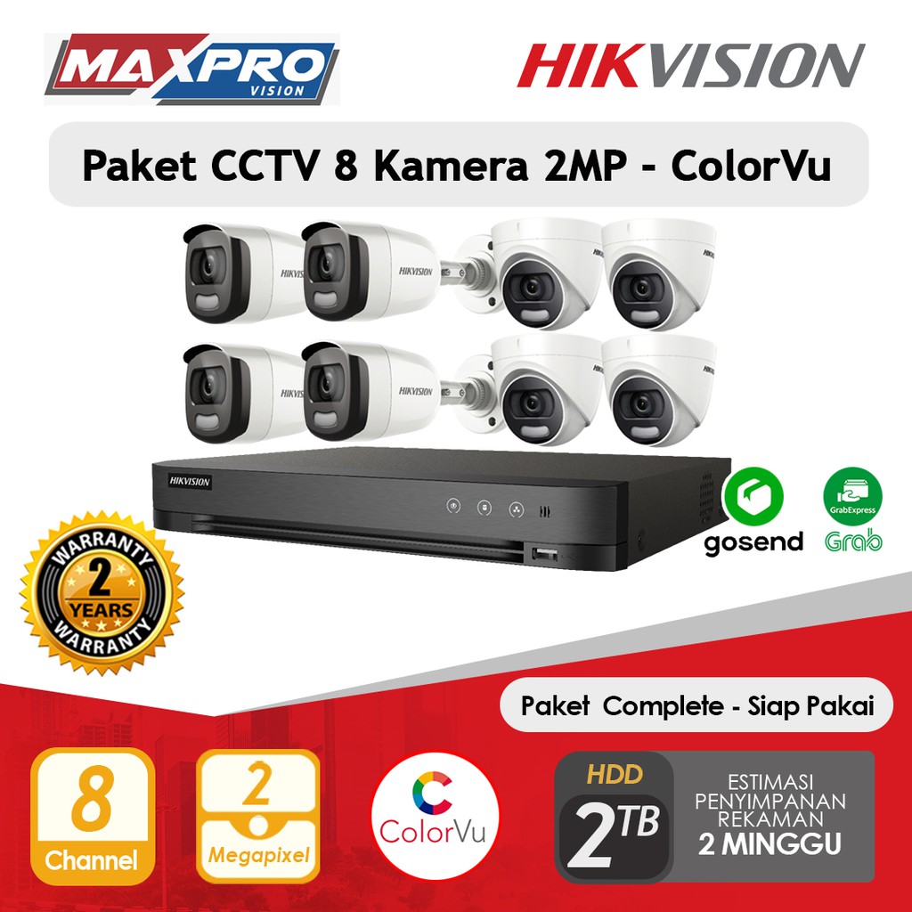 PAKET CCTV 8 CAMERA 2MP COLORVU 2 TB HDD HIKVISION