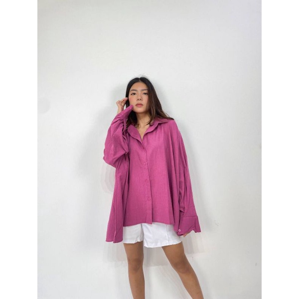 Kemeja Oversize Wanita - Kemeja Linen Atasan Wanita - Dami Oversized Shirt Fuschia