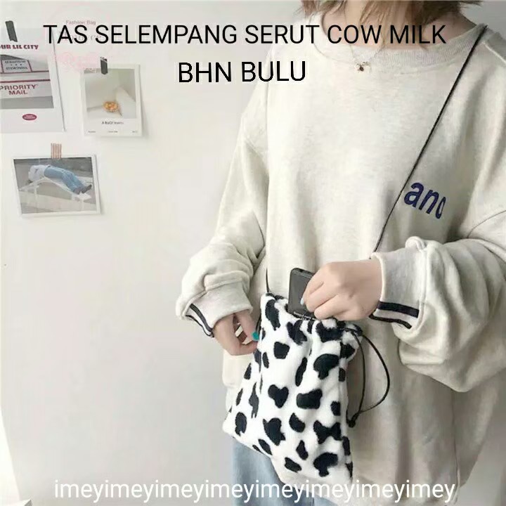 Tas Serut Lucu Tas Selempang Wanita Tas selempang serut motif Tas Bulu Cow Milk Matrial Bulu Lembut tas serut wanita