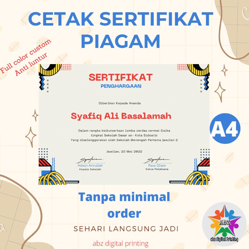 

CETAK SERTIFIKAT PIAGAM CUSTOM FULL COLOR SATUAN