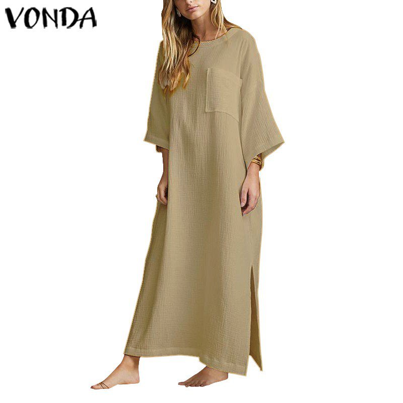 Vonda Women Cotton Casual Baggy Batwing Vintage Long Maxi Dress