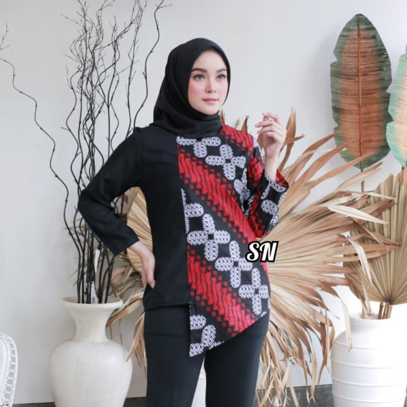 tey-17 Batik wanita ASJ SA HRB026 Kenongo Kemeja Tosca Pendek-Blouse Mataram