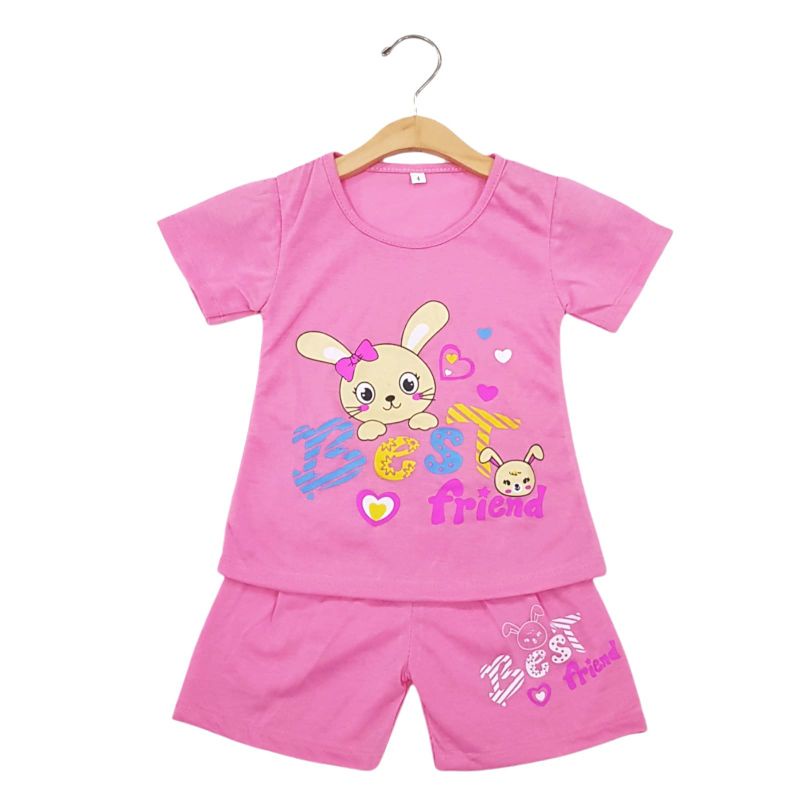 SETELAN SIKUNING PAKAIAN BAJU ANAK PEREMPUAN 2-7 TAHUN MOTIF BEST FRIEND RABBIT