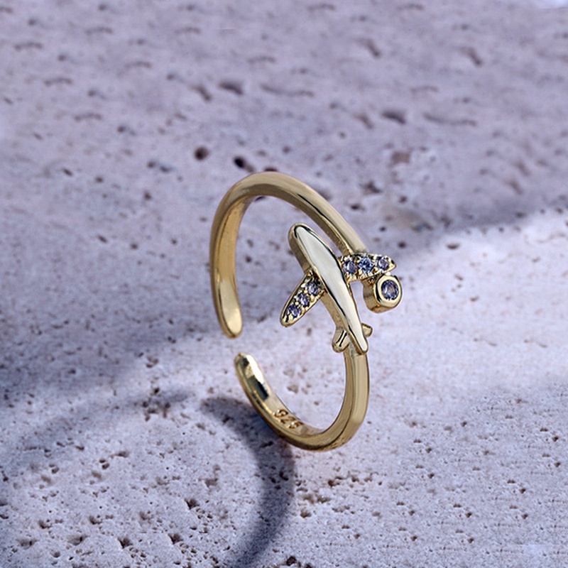 Fancyqube Perhiasan Cincin 925 Sterling Silver Model Terbuka Bentuk Pesawat Airport Aksen Zirkon Gaya Jepang Korea Untuk Wanita