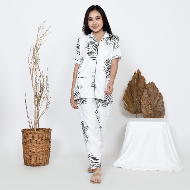 Baju Tidur Piyama Wanita Dewasa Motif Big Coco Daun CP Lengan Pendek Celana Panjang Kekinian